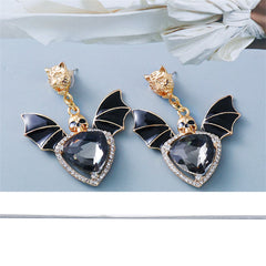 Black Crystal & Cubic Zirconia Skull Bat Drop Earrings