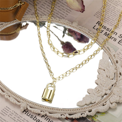 18K Gold-Plated Lock Layered Pendant Necklace