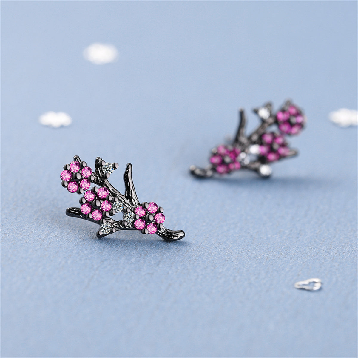 Cubic Zirconia and Black-Tone Plum Flower Stud Earrings, stud earrings for women, everyday style, detail close-up