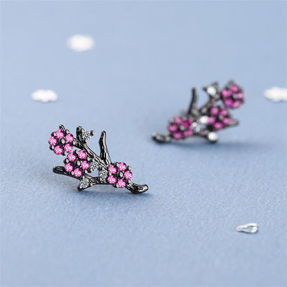 Cubic Zirconia and Black-Tone Plum Flower Stud Earrings, stud earrings for women, everyday style, detail close-up