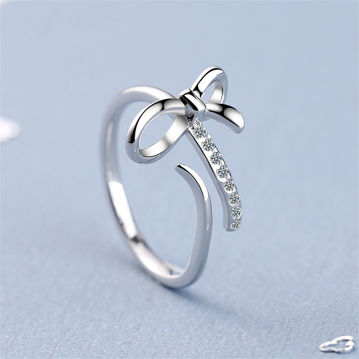 Cubic Zirconia and Silver-Plated Bow Bypass Ring, silver statement rings for women, botanical inspired, front view