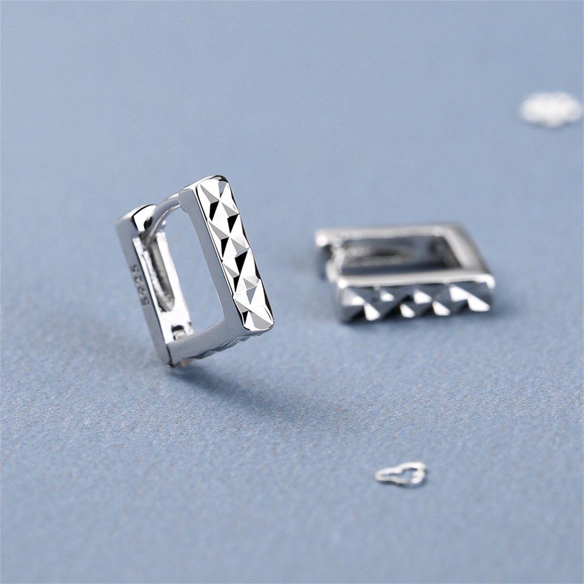 Silver-Plated Diamond-Cut Open Square Huggie Earrings, silver huggie earrings, botanical inspired, side view