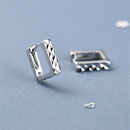 Silver-Plated Diamond-Cut Open Square Huggie Earrings, silver huggie earrings, botanical inspired, side view