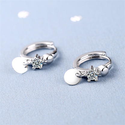 Cubic Zirconia and Silver-Plated Sequin Huggie Earrings, silver huggie earrings, dainty minimalist design, side view