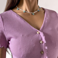 Blue Teal Howlite & Goldtone Mum Beaded Station Choker Necklace