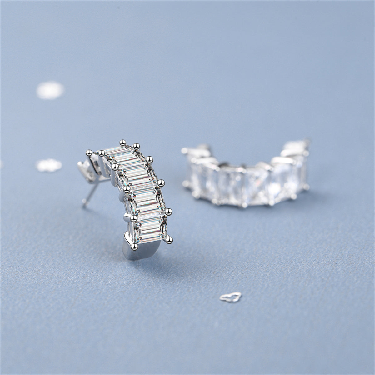 Crystal and Silver-Plated Huggie Earrings, silver huggie earrings, everyday style, detail close-up