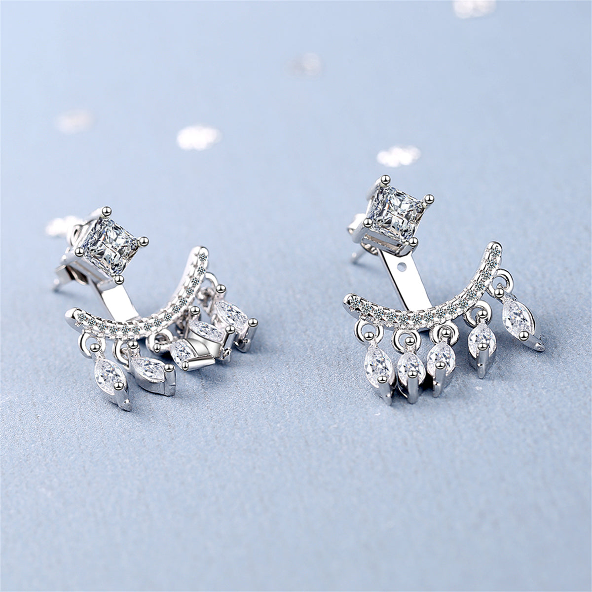 Cubic Zirconia and Silver-Plated Ear Jacket, silver drop earrings for women, vintage-inspired design, detail close-up