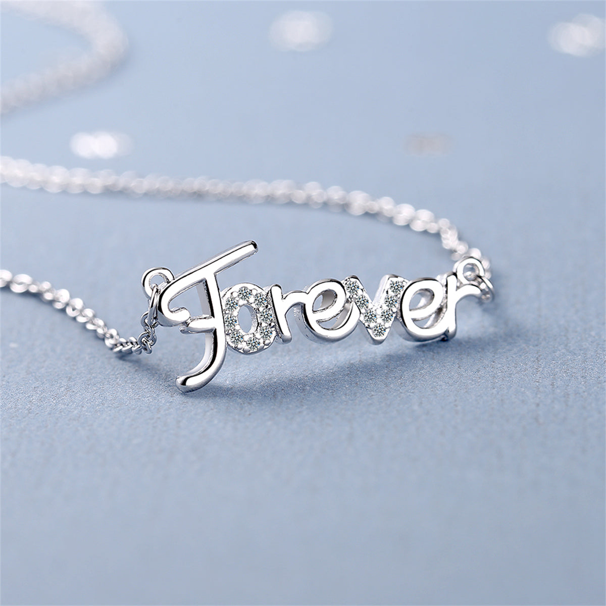 Cubic Zirconia and Silver-Plated 'Forever' Pendant Necklace, silver pendant necklace for women, everyday style, side view