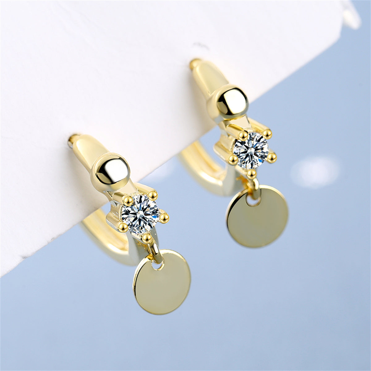 Cubic Zirconia and 18K Gold-Plated Sequin Huggie Earrings, gold huggie earrings, elegant gift for her, detail close-up