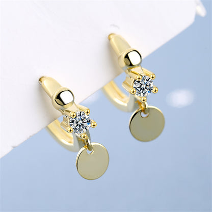 Cubic Zirconia and 18K Gold-Plated Sequin Huggie Earrings, gold huggie earrings, elegant gift for her, detail close-up