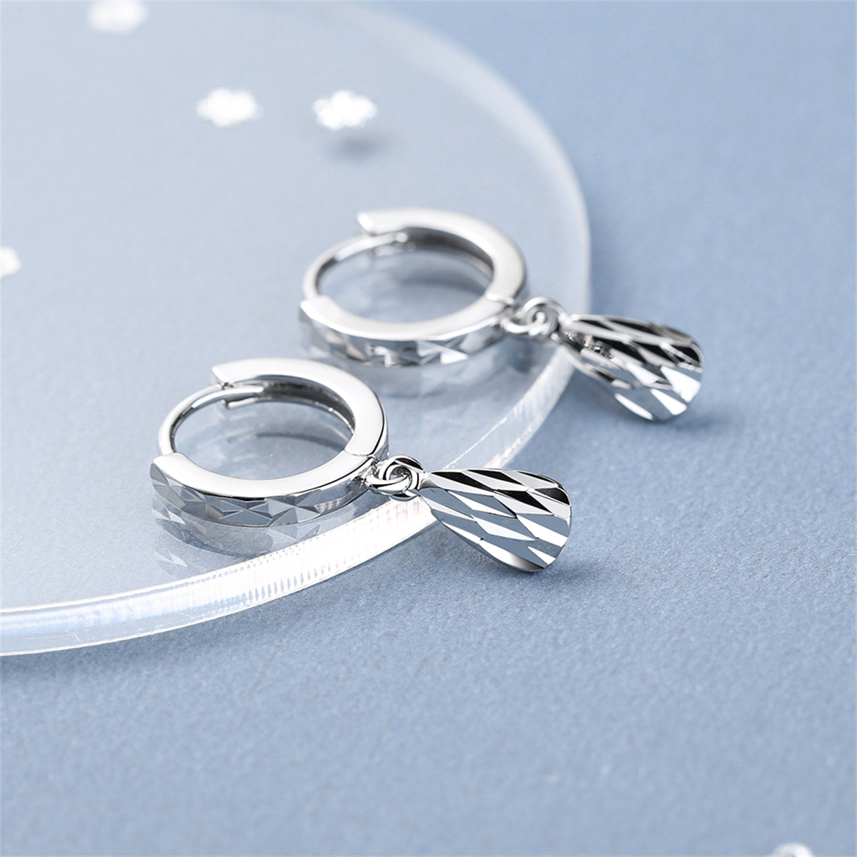 Silver-Plated Drop Huggie Earring, silver huggie earrings, elegant gift for her, detail close-up