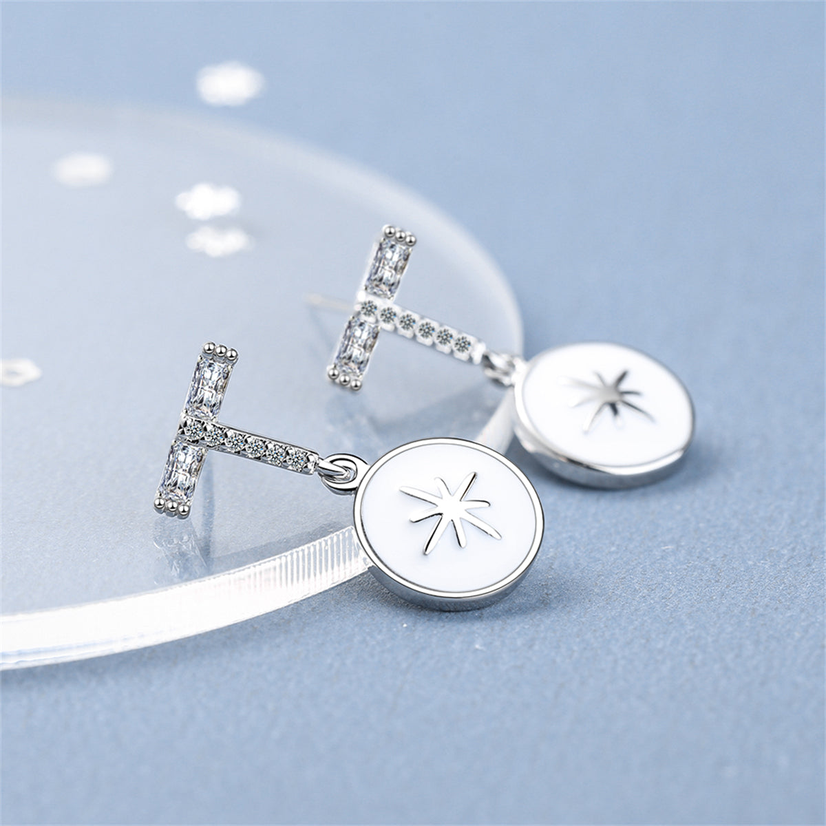 Cubic Zirconia and Enamel Silver-Plated Star Drop Earrings, silver drop earrings for women, elegant gift for her, front view