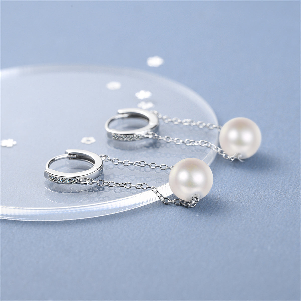 Cubic Zirconia and Pearl Silver-Plated Chain Drop Huggie Earrings, silver huggie earrings, everyday style, detail close-up