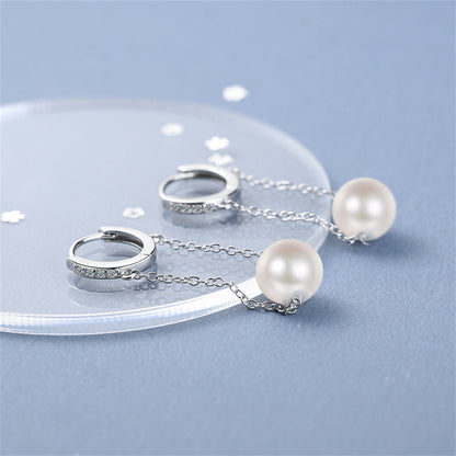 Cubic Zirconia and Pearl Silver-Plated Chain Drop Huggie Earrings, silver huggie earrings, everyday style, detail close-up