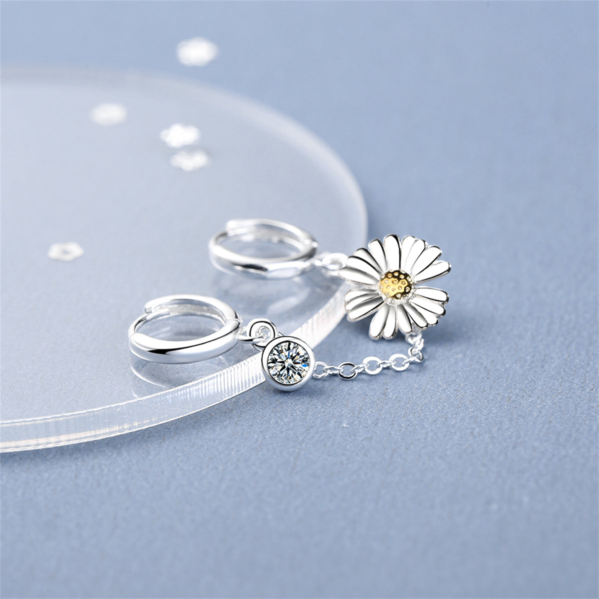 Cubic Zirconia and Two-Tone Mum Chain Huggie Earring, huggie earrings, botanical inspired, lifestyle look