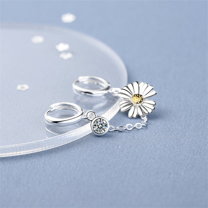 Cubic Zirconia and Two-Tone Mum Chain Huggie Earring, huggie earrings, botanical inspired, lifestyle look