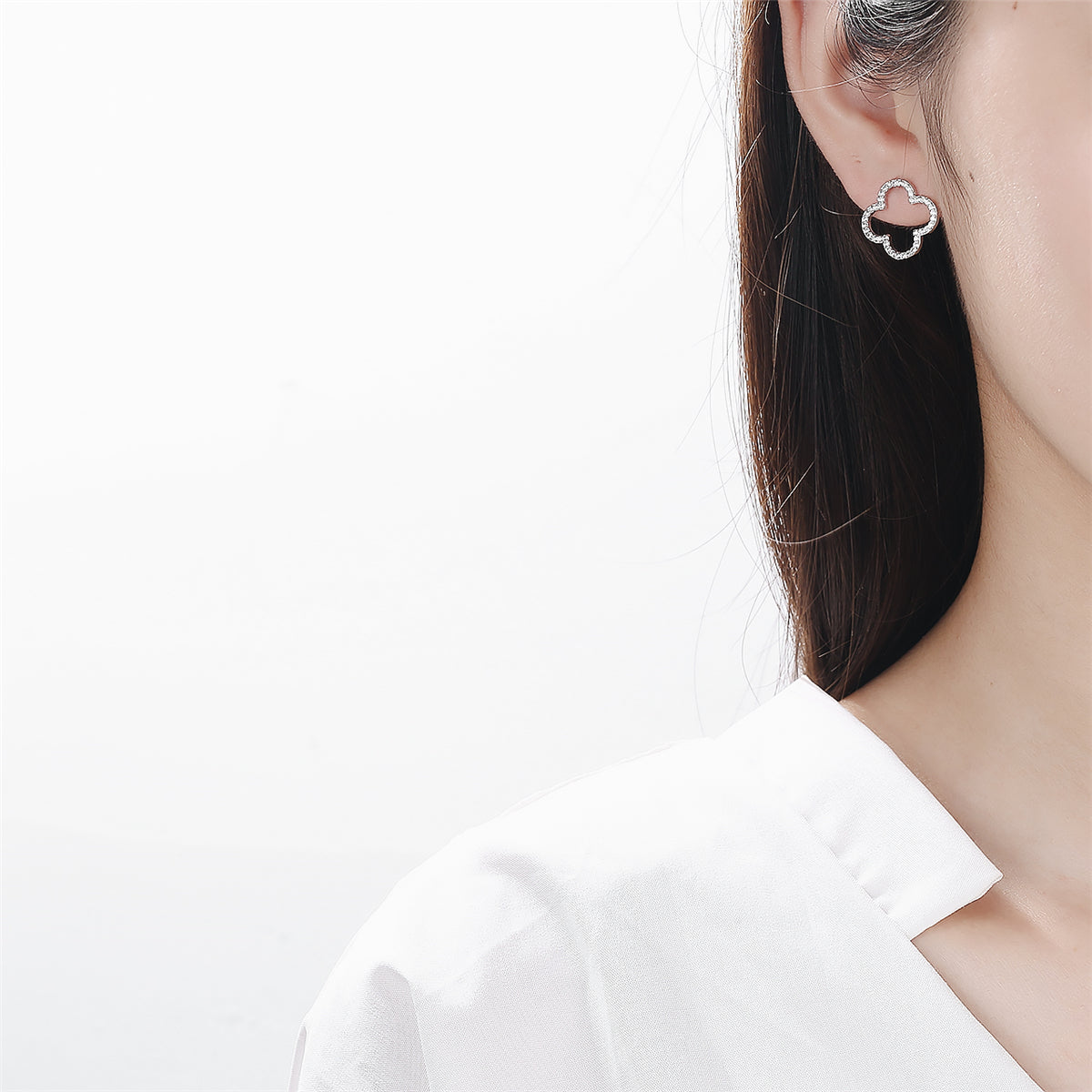 Cubic Zirconia and Silver-Plated Clover Stud Earrings, silver stud earrings for women, everyday style, styled look