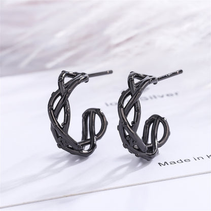 Black Twisted Huggie Earrings, huggie earrings, botanical inspired, side view