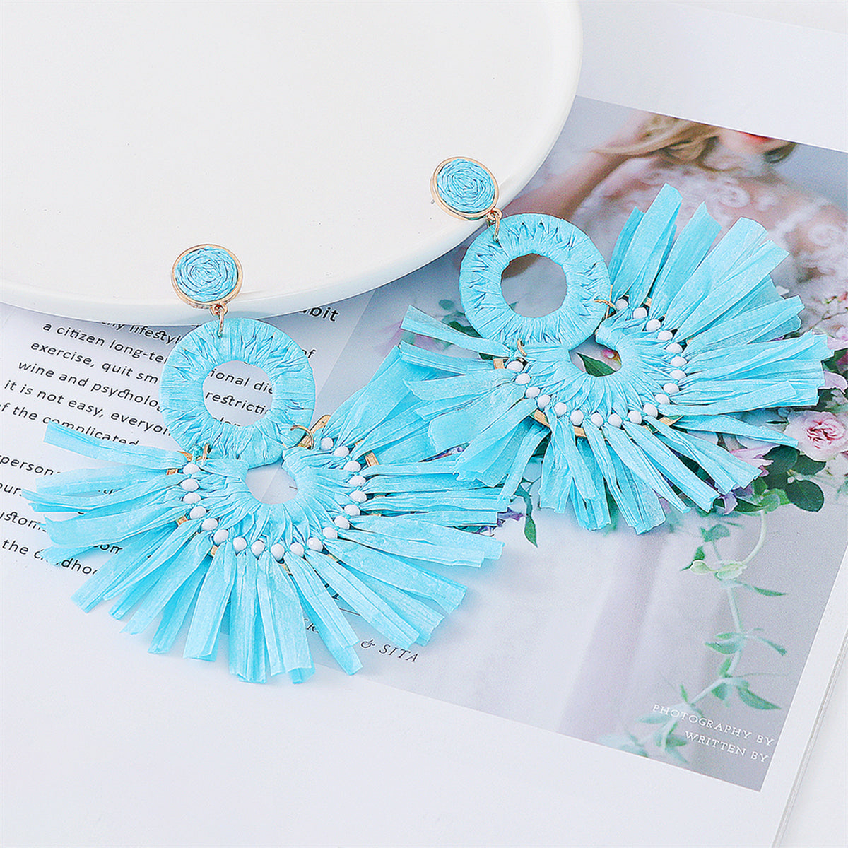 Blue Raffia & 18K Gold-Plate Tiered Fringe Fan Drop Earrings