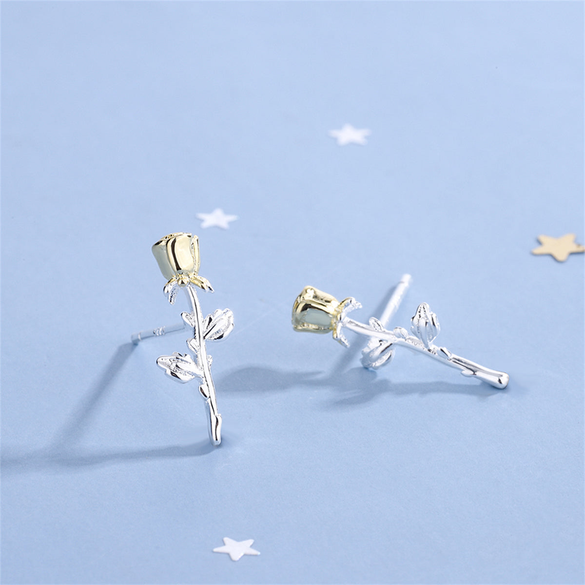 Two-Tone Rose Stud Earrings, stud earrings for women, elegant gift for her, side view