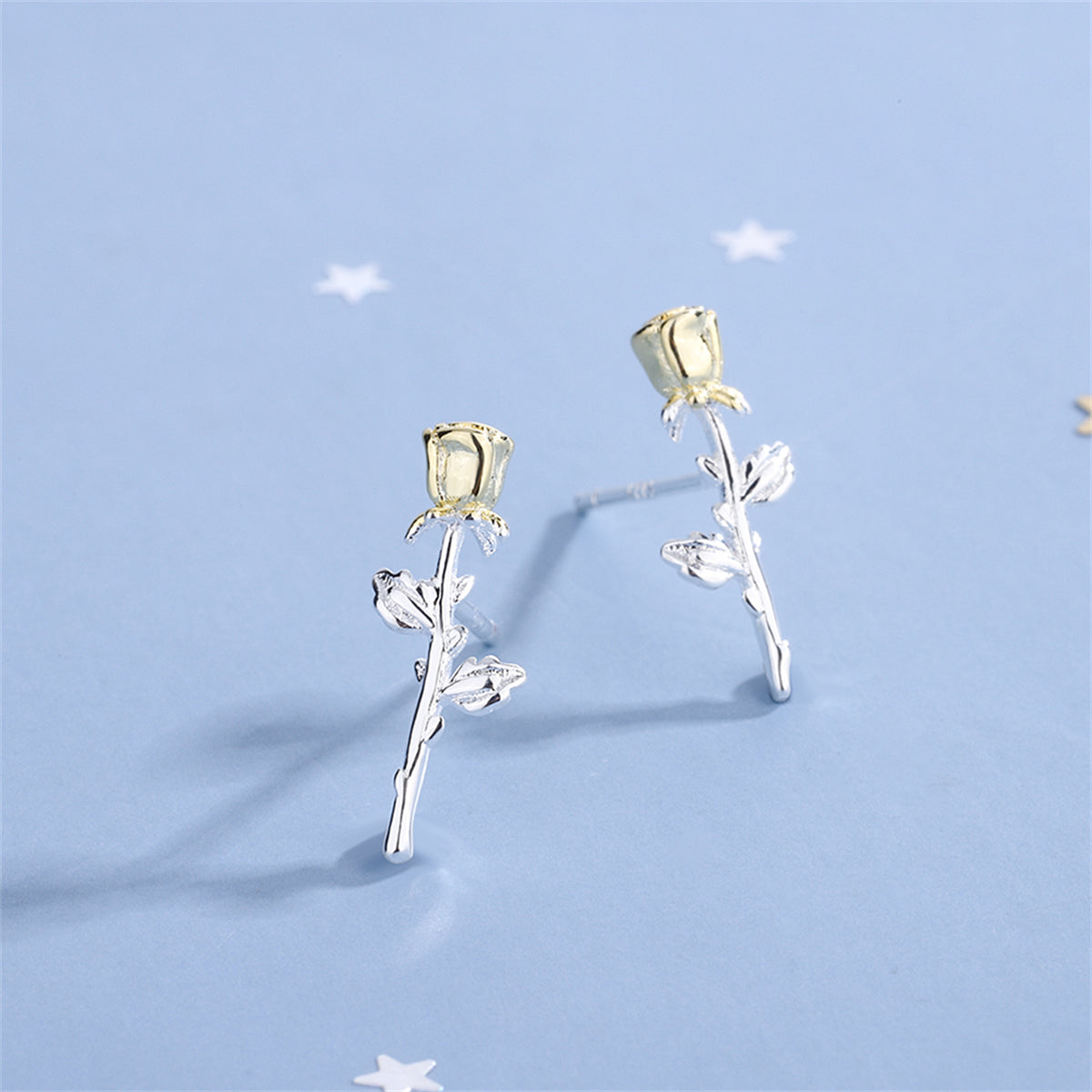 Two-Tone Rose Stud Earrings, stud earrings for women, elegant gift for her, detail close-up