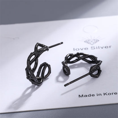 Black Twisted Huggie Earrings, huggie earrings, botanical inspired, detail close-up