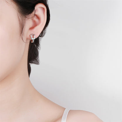 Cubic Zirconia and Silver-Plated Vachette Clasp Huggie Earrings, silver huggie earrings, detail close-up
