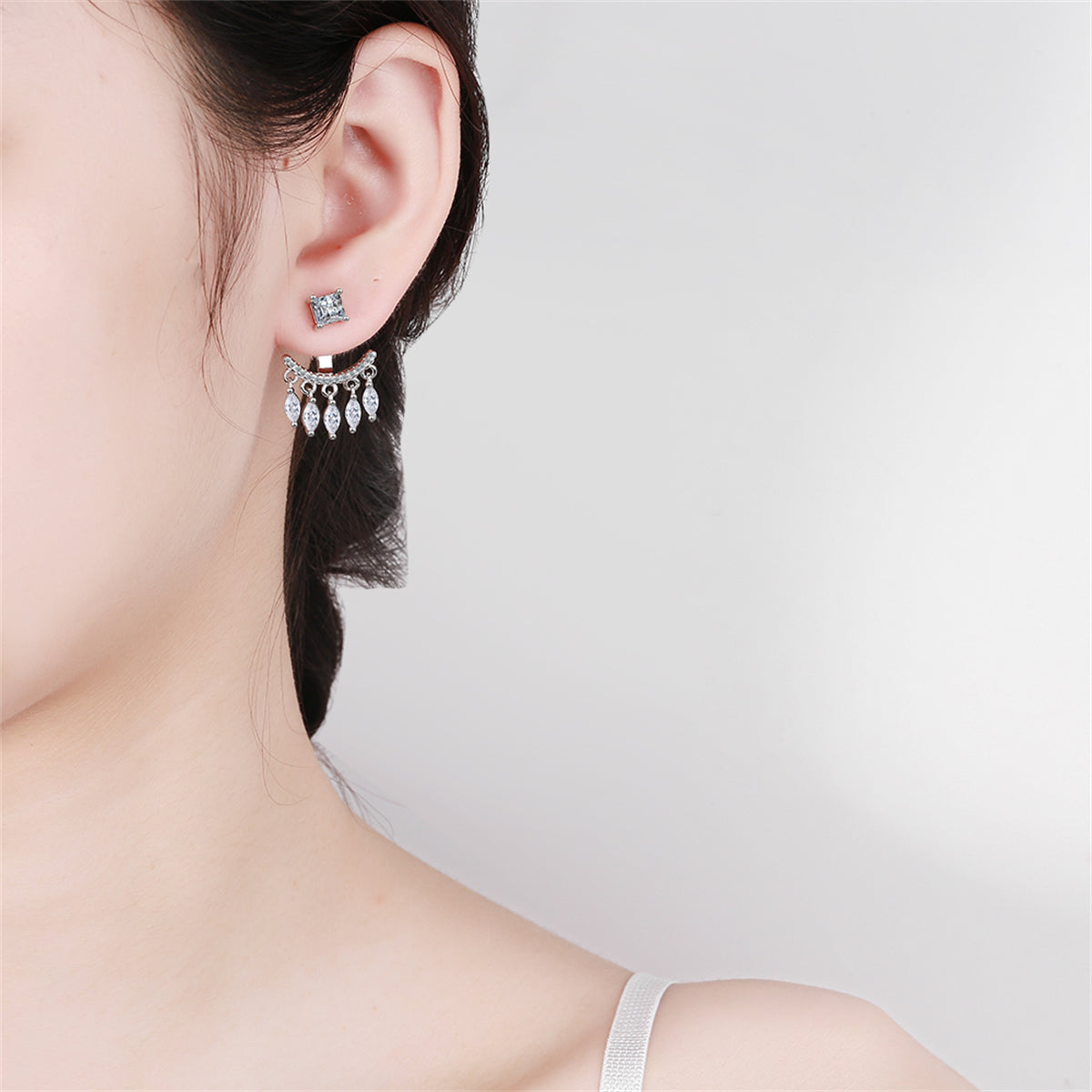 Cubic Zirconia and Silver-Plated Ear Jacket, silver drop earrings for women, vintage-inspired design, styled look