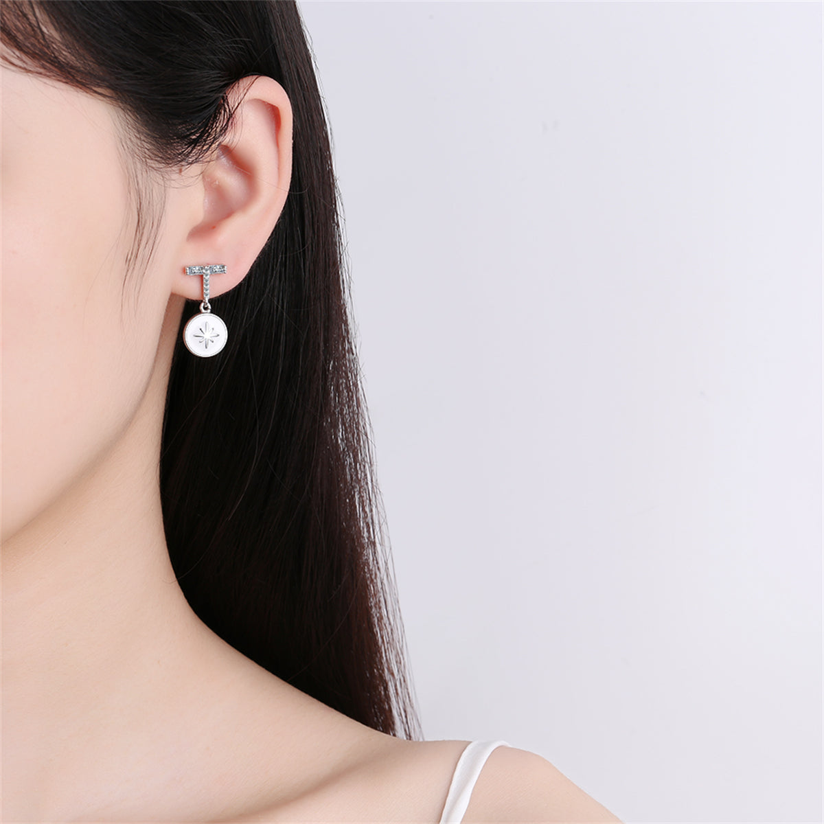 Cubic Zirconia and Enamel Silver-Plated Star Drop Earrings, silver drop earrings for women, detail close-up