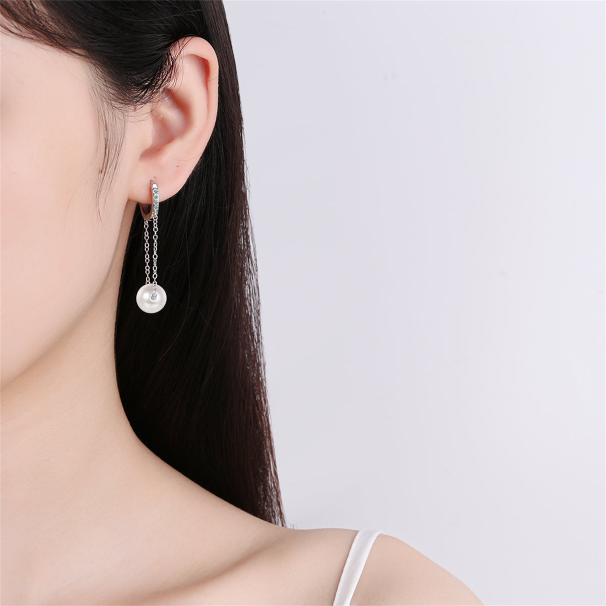 Cubic Zirconia and Pearl Silver-Plated Chain Drop Huggie Earrings, silver huggie earrings, everyday style, front view