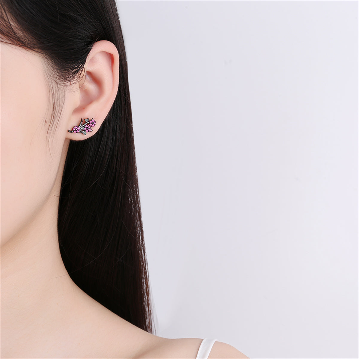 Cubic Zirconia and Black-Tone Plum Flower Stud Earrings, stud earrings for women, everyday style, styled look