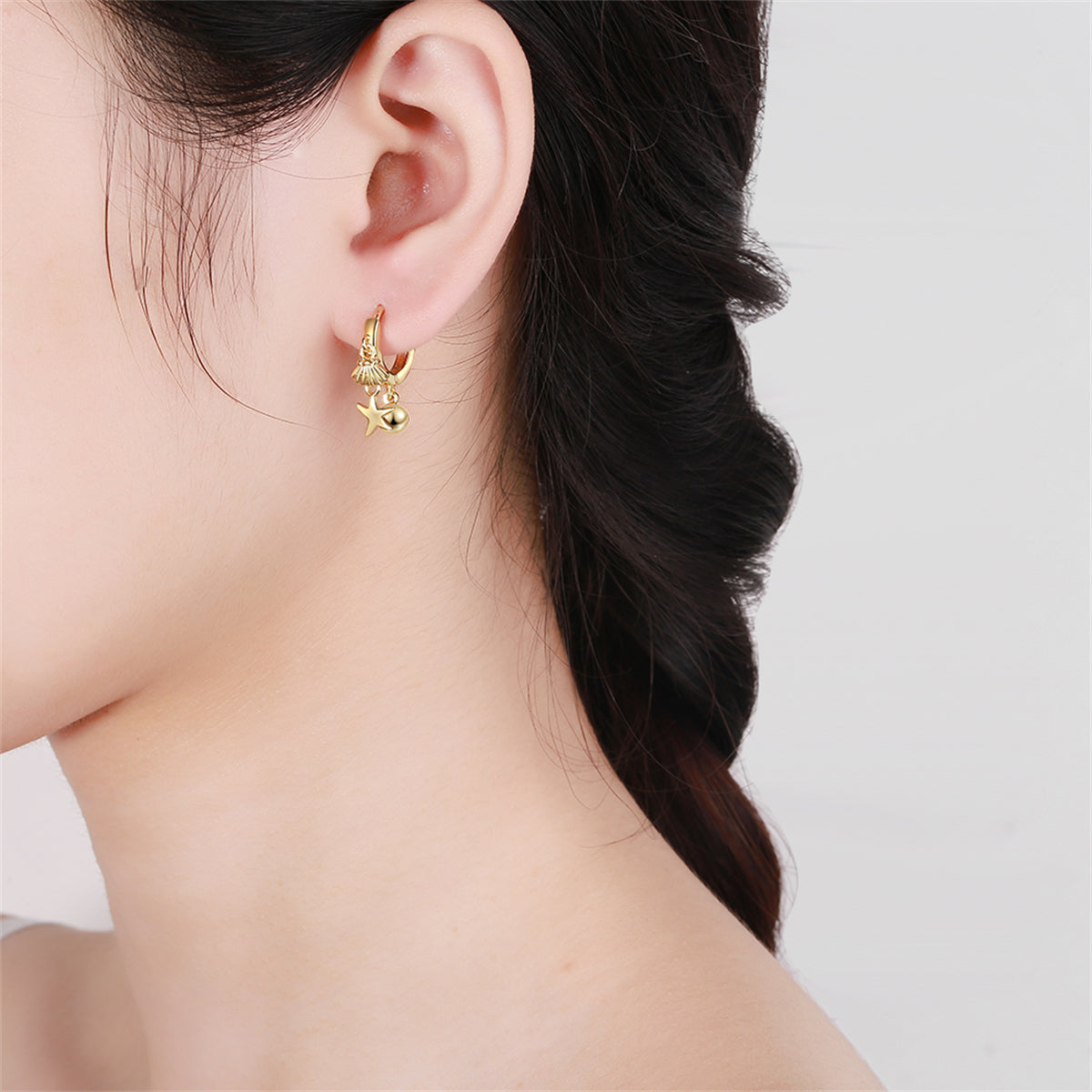 18K Gold-Plated Starfish Shell Charm Huggie Earring, gold huggie earrings, vintage-inspired design, lifestyle look
