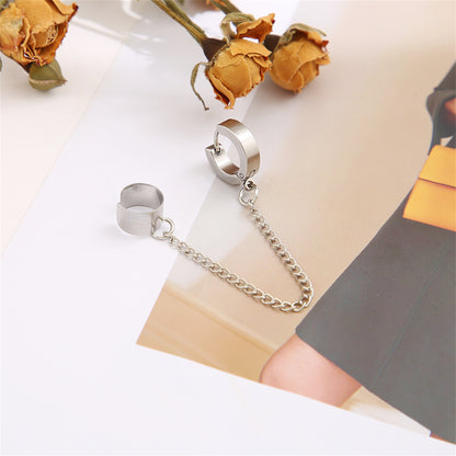 Silver-Plated Huggie Earring and Chain Ear Cuff, silver huggie earrings, dainty minimalist design, lifestyle look