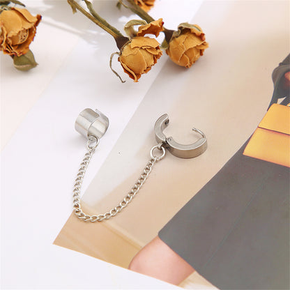 Silver-Plated Huggie Earring and Chain Ear Cuff, silver huggie earrings, dainty minimalist design, styled look