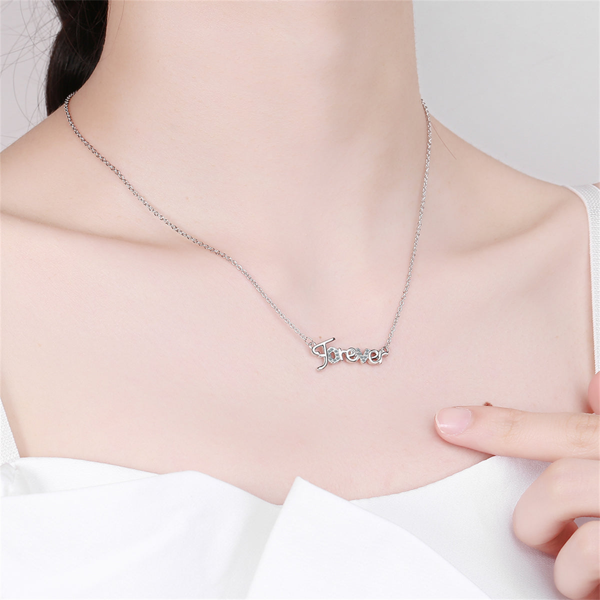 Cubic Zirconia and Silver-Plated 'Forever' Pendant Necklace, silver pendant necklace for women, lifestyle look