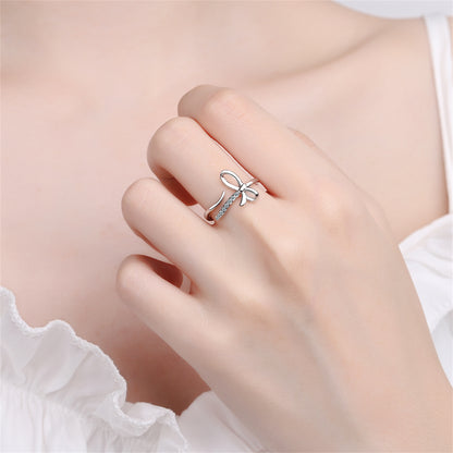 Cubic Zirconia and Silver-Plated Bow Bypass Ring, silver statement rings for women, botanical inspired, detail close-up