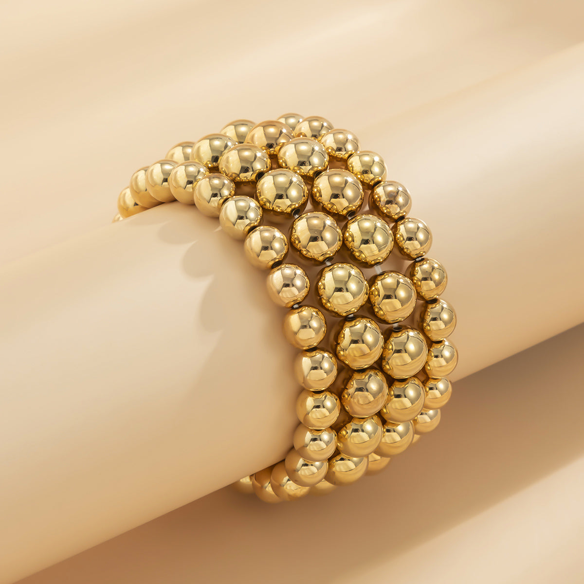 18K Gold-Plated Bead Layered Stretch Bracelet, gold bracelet for women, vintage-inspired design, detail close-up