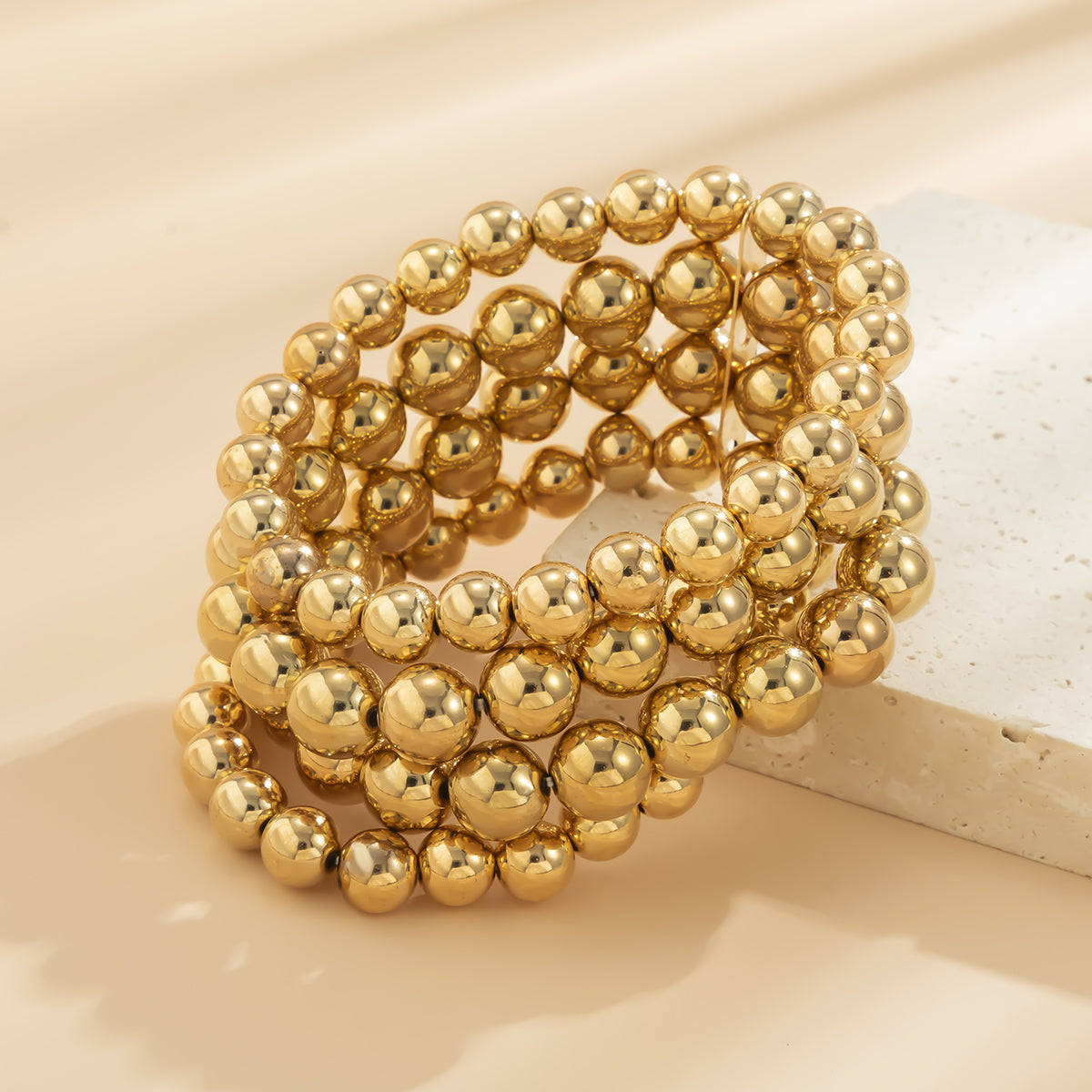 18K Gold-Plated Bead Layered Stretch Bracelet, gold bracelet for women, vintage-inspired design, styled look