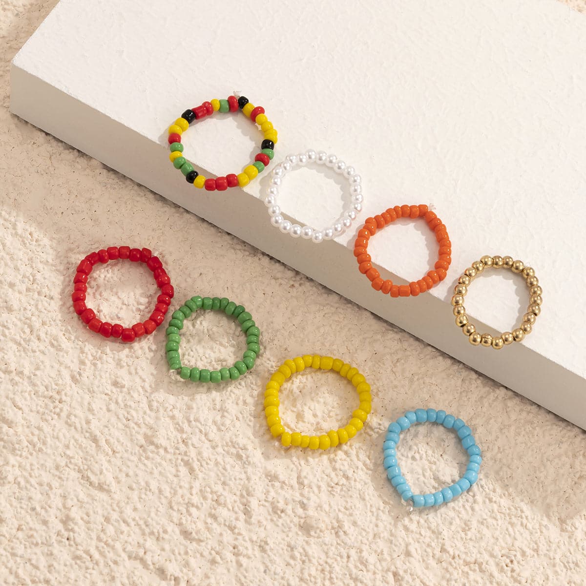 Yellow & Red Beaded Stretch Ring Set