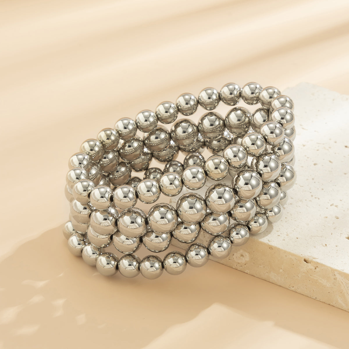 Silver-Plated Layered Bead Stretch Bracelet, silver bracelet for women, elegant gift for her, side view