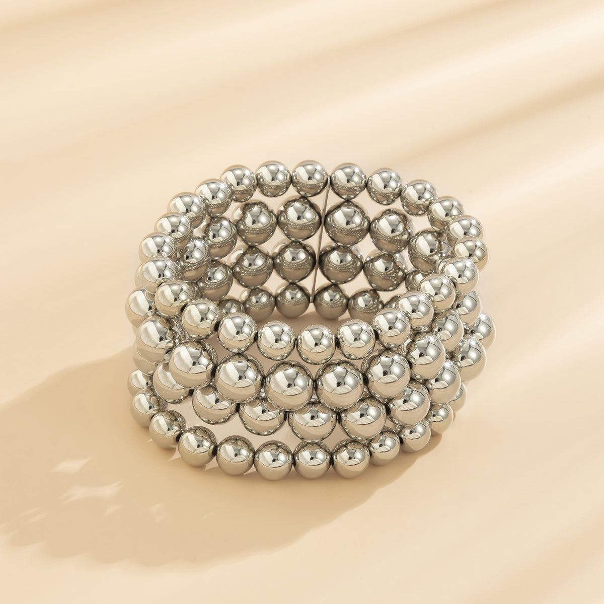 Silver-Plated Layered Bead Stretch Bracelet, silver bracelet for women, elegant gift for her, detail close-up