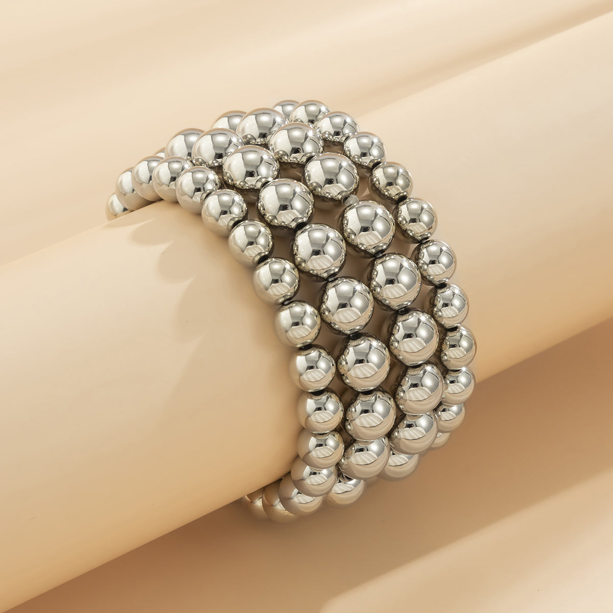 Silver-Plated Layered Bead Stretch Bracelet, silver bracelet for women, elegant gift for her, lifestyle look