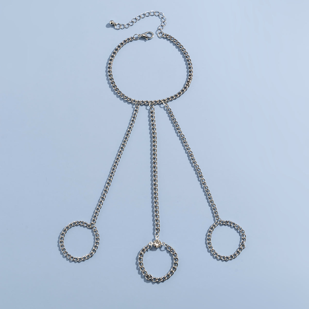 Cubic Zirconia & Silver-Plated Thin Tri-Ring Wrist-To-Ring Bracelet