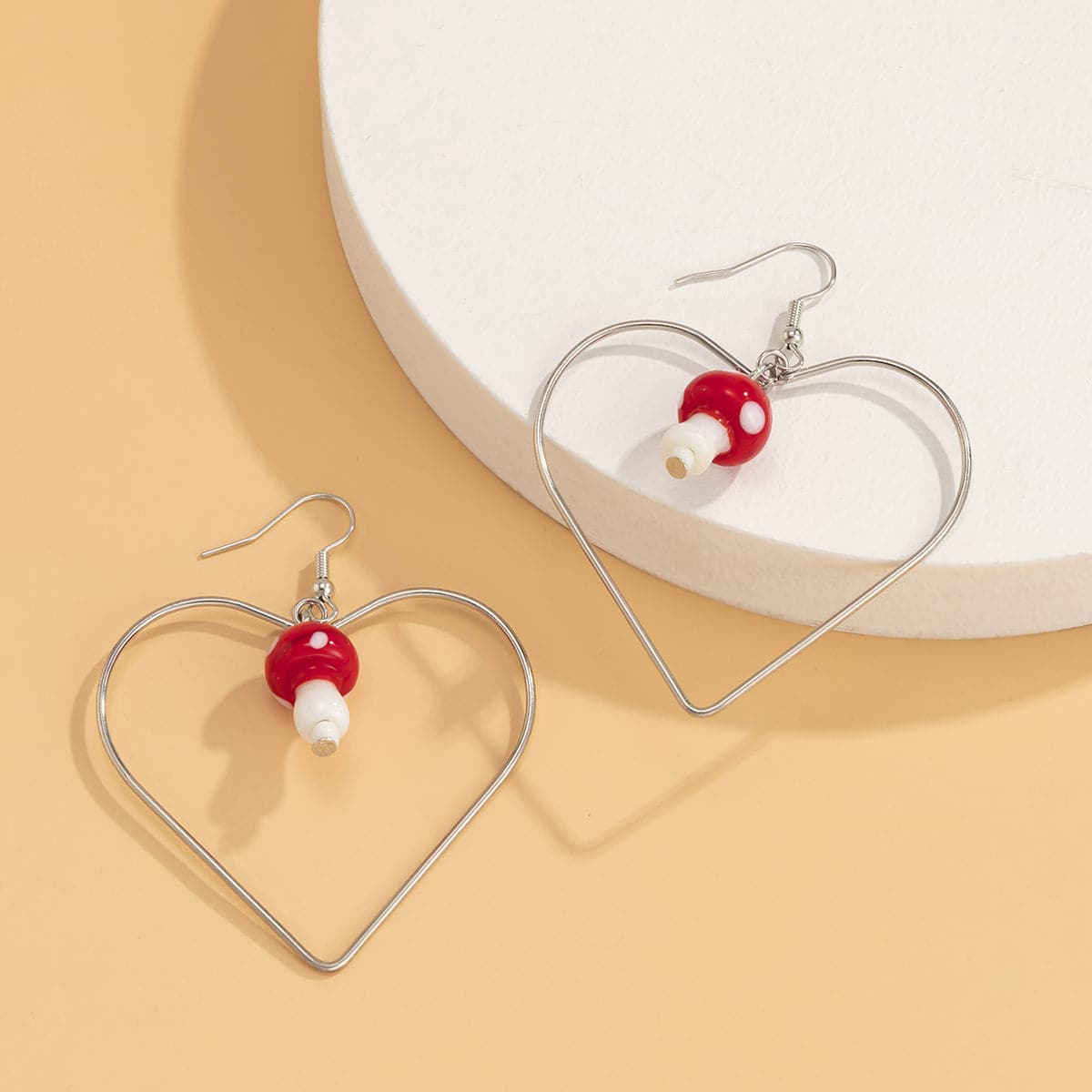 Red Resin & Silver-Plated Mushroom Heart Drop Earrings