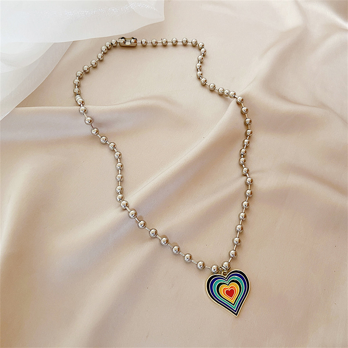 Rainbow Enamel and Silver-Plated Bead Chain Heart Pendant Necklace, silver pendant necklace for women, front view