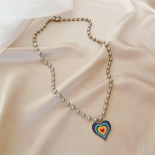 Rainbow Enamel and Silver-Plated Bead Chain Heart Pendant Necklace, silver pendant necklace for women, front view