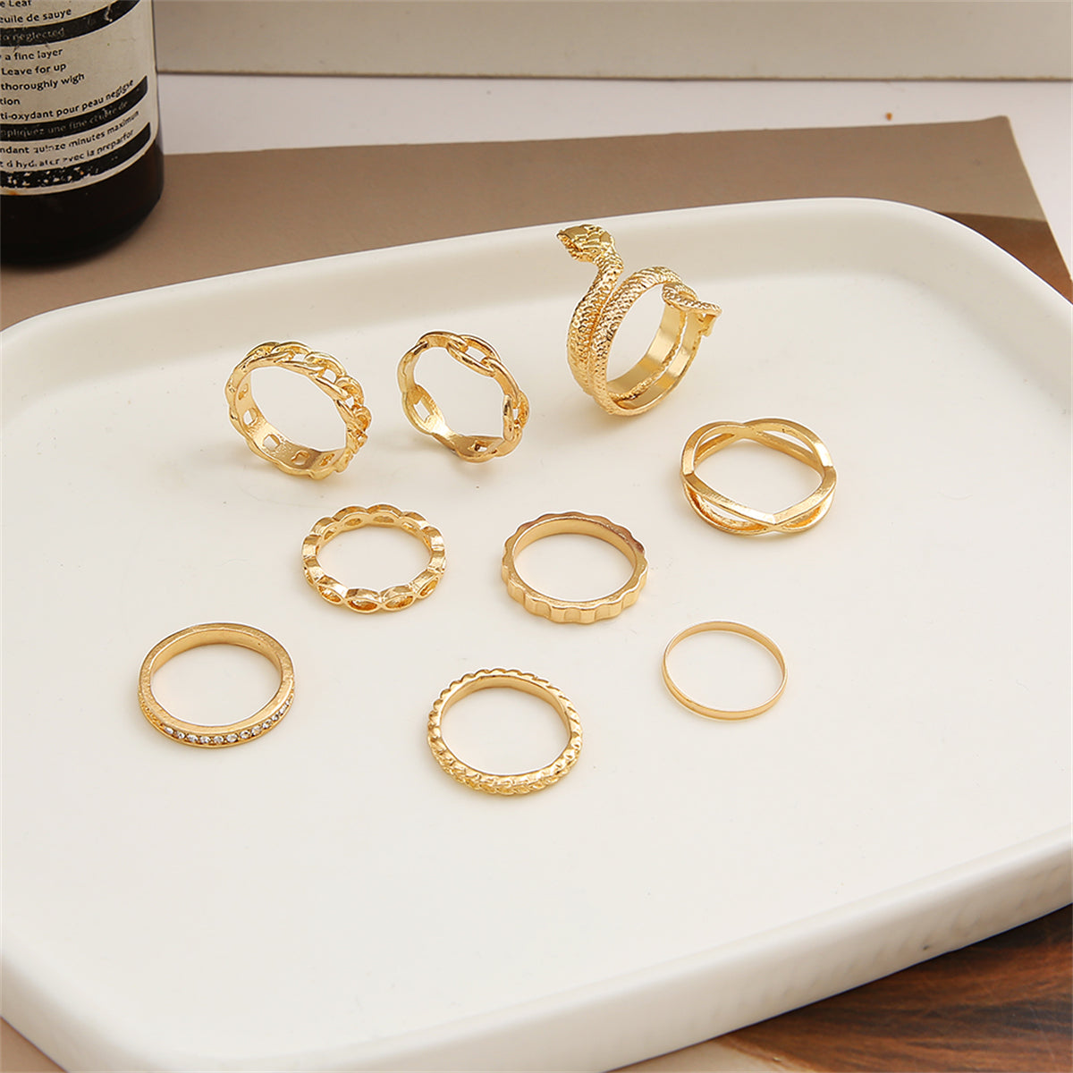 Cubic Zirconia and 18K Gold-Plated Snake Chain Ring Set, jewelry gift sets for women, vintage-inspired design, lifestyle look