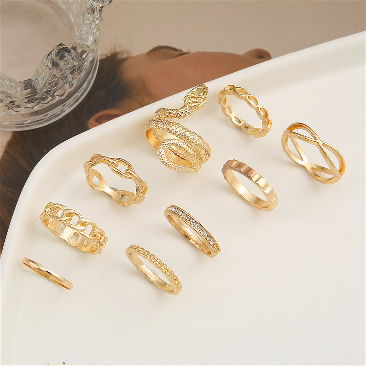 Cubic Zirconia and 18K Gold-Plated Snake Chain Ring Set, jewelry gift sets for women, vintage-inspired design, styled look