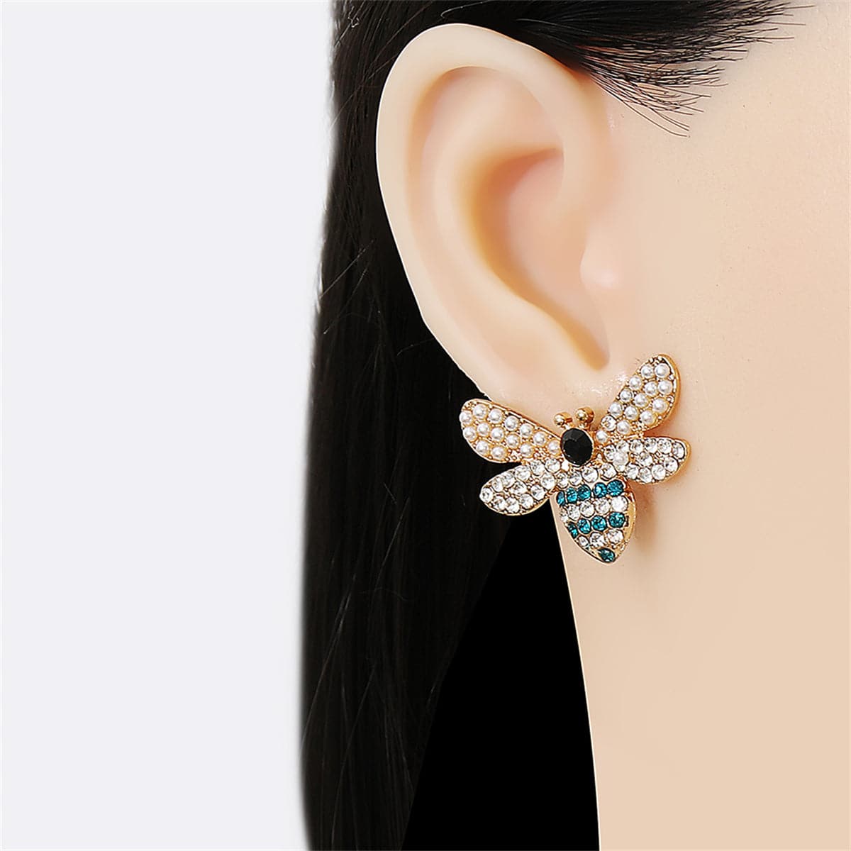 Blue Cubic Zirconia & Pearl 18K Gold-Plated Bee Stud Earrings