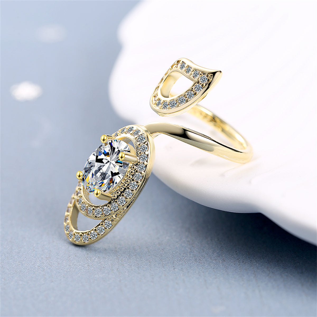 Cubic Zirconia and 18K Gold-Plated Swirl Midi Ring, gold statement rings for women, everyday style, detail close-up